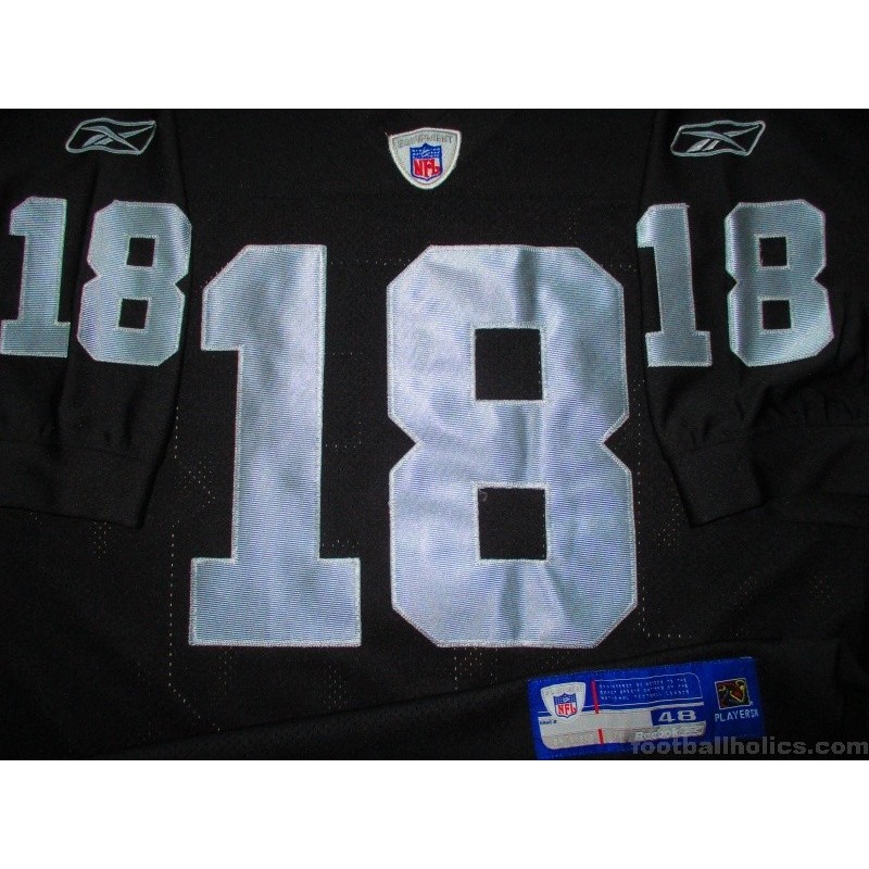 2005-06 OAKLAND RAIDERS MOSS #18 REEBOK ON FIELD JERSEY (AWAY) XL